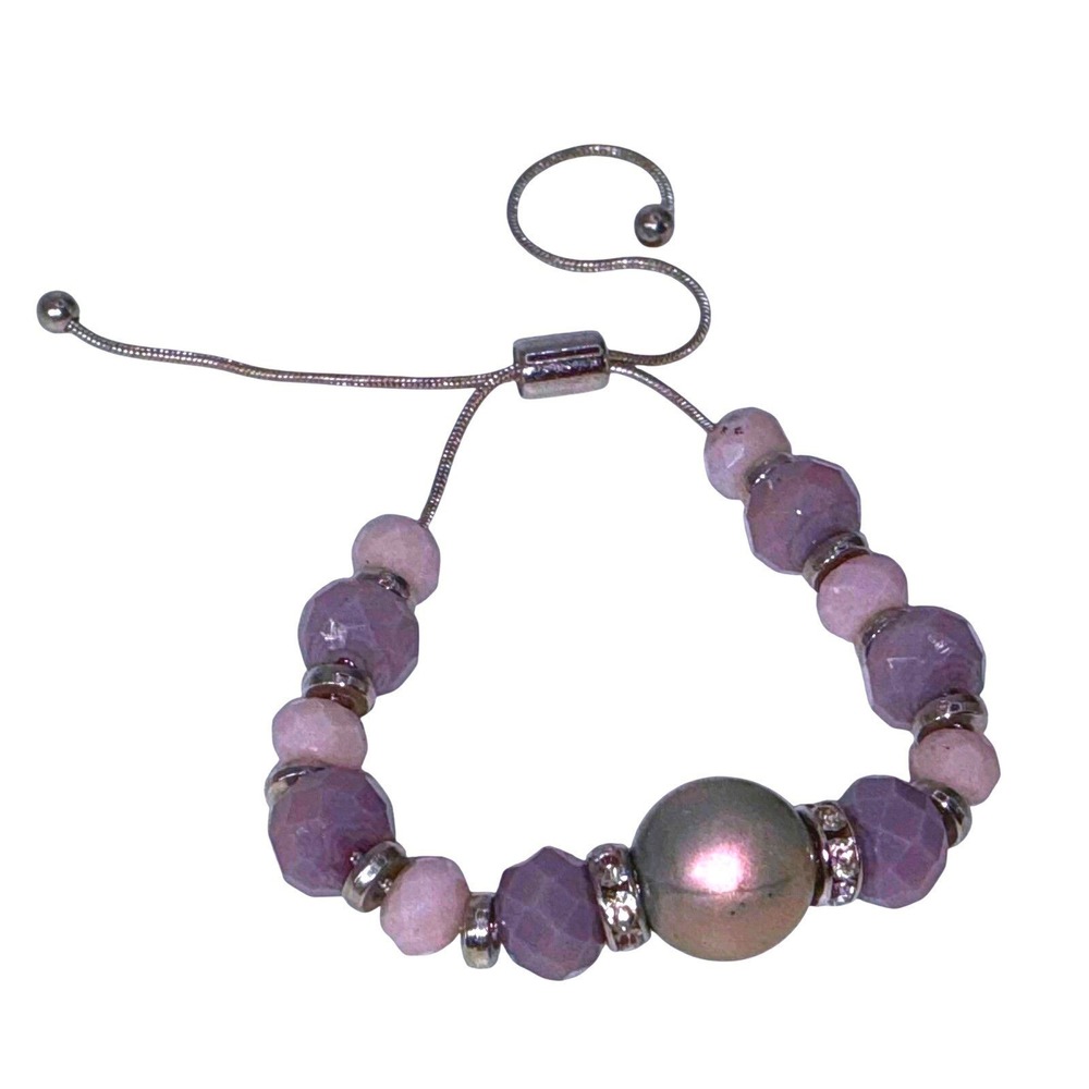 Adjustable Beaded Bracelet Lavender Mauve Rhinestone‎ Silver